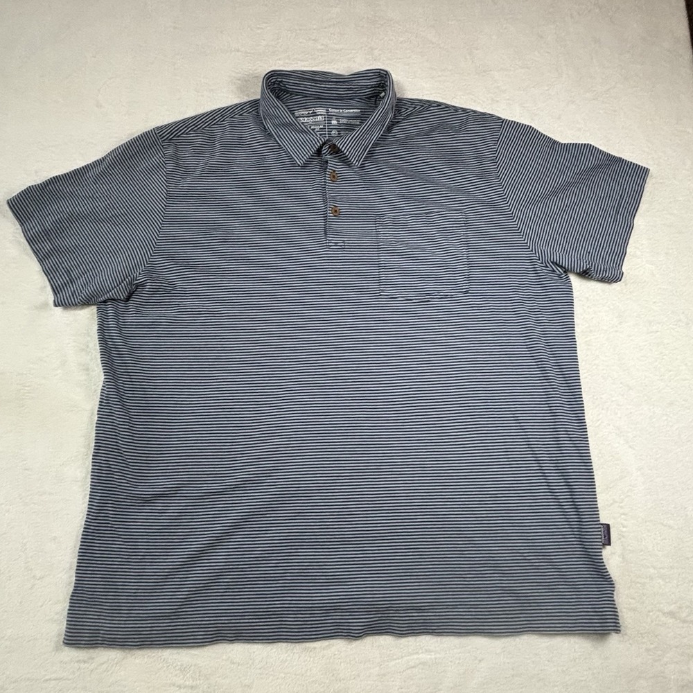 Patogonia Men Polo Shirt Size XL Regular Fit Striped Cotton In Conversión Pocket